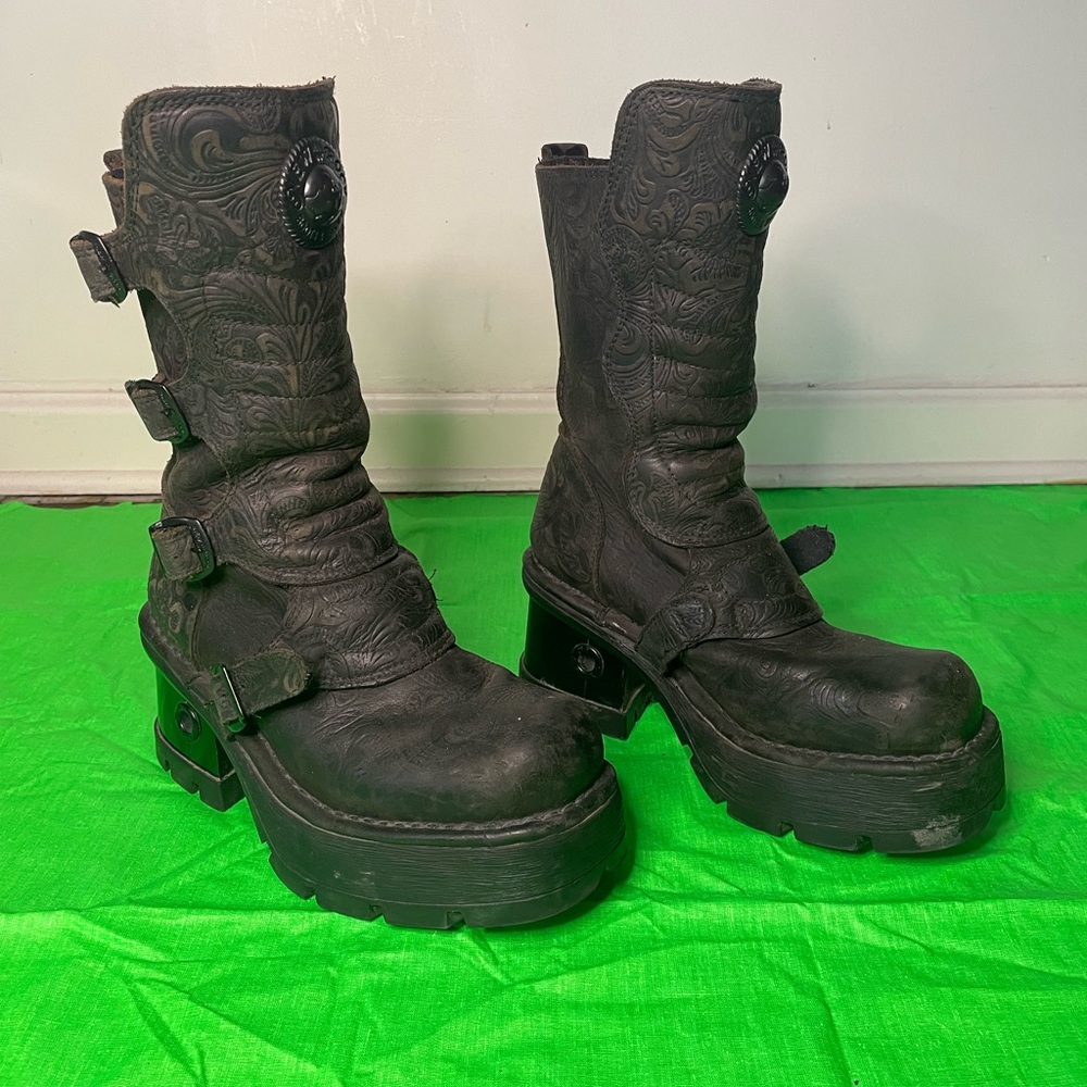 Vintage New Rock Brown Leather Buckle Combat Boots 38
